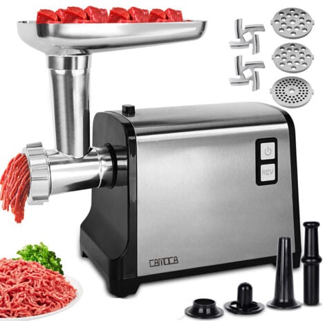 Multifonctions Hachoir à viande électrique , avec Poussoir a Saucisse, Hachoir à Viande Professionne,avec 3 plaques de broyage, Accessoire de Saucisse, INOX, argent
