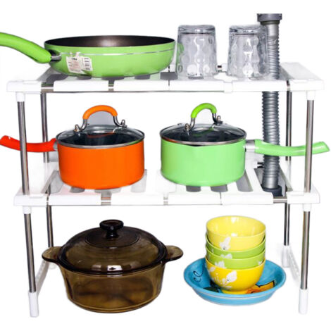 Multi‑Functional 2‑Layer Commodity Shelf Retractable Adjustable Storage Rack Kitchen Tools White