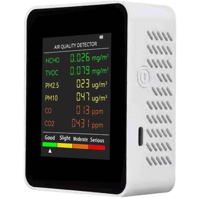Multifunctional 6-in-1 air quality detector: PM2.5, PM10, HCHO, TVOC, CO, CO2, carbon dioxide, and formaldehyde. Large LCD screen. Portable desktop