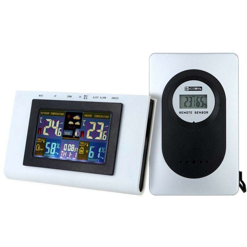 Multi-function color screen digital wireless weather station with 1 outdoor sensor, time and date with alarm function, indoor and outdoor temperature