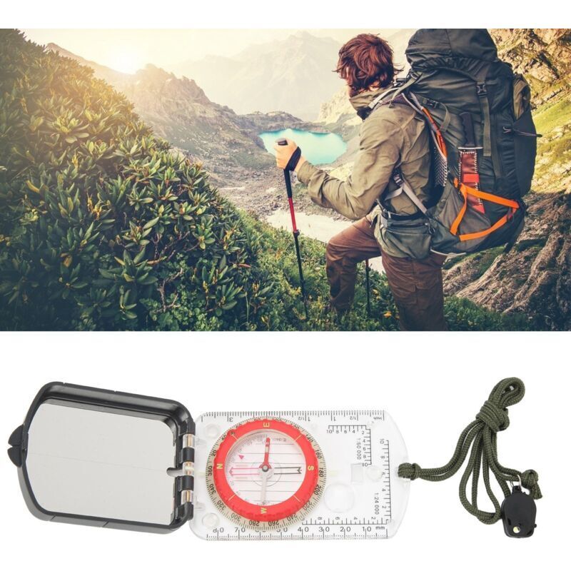 Multifunctional plastic compass with scales, portable gradiometer, magnifying glass, LED light, tool