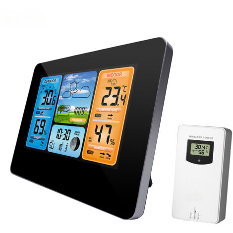 Multifunktionale digitale Wetterstation mit LCD-Bildschirm, Alarm, Barometer, Thermometer und Hygrometer, für den Innen- und Außenbereich, mit drahtlosem Außensensor und USB-Stromkabel.