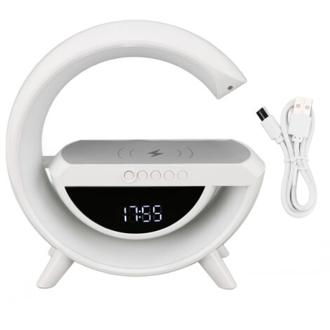 Multifunktionale G-förmige Lampe mit RGB-Bluetooth-Lautsprecher, 10-W-Funkladegerät, FM-Wecker, musikalischer Nachttischlampe und 5-V-Netzteil