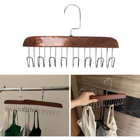 Multifunktionale Hutablage ohne Löcher, mit 8 Haken aus Holz und Edelstahl für Studentenwohnheime, dunkelbraun