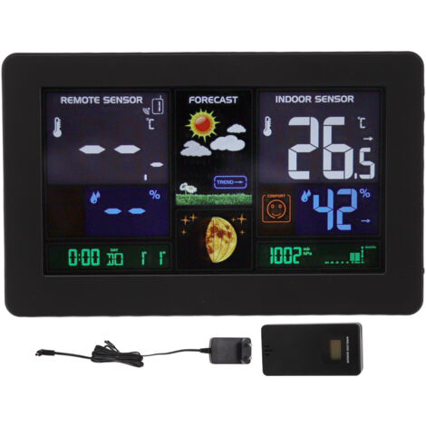 Multifunktionale kabellose Wetteruhr mit Thermometer, farbigem LED-Display für den Innen- und Außenbereich, 100–240 V EU-Stecker-Netzteil