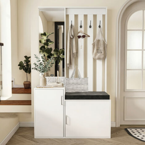 Multifunktionale Kleiderständer, Garderobe mit Spiegel und gepolsterter Sitzbank 100x40x180 cm, Flurmöbel mit Schuhschrank, 2 Türen und 5 Fächer, moderner Stil, Weiß