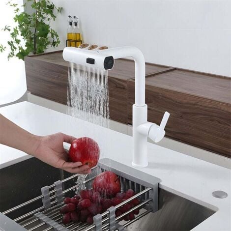 COOCHEER Multifunktionale Küchenarmatur mit Ausziehbrause, Edelstahl, Wasserfall-Optik und Ausziehauslauf, weiß