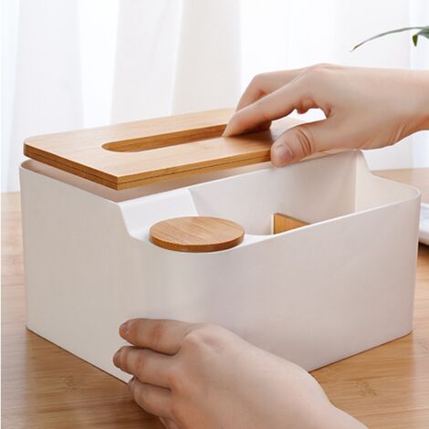 Multifunktionale Schreibtisch-Organizerbox mit Holzdeckel für Wohn- und Schlafzimmer, Weiß [Multifunktional] [Kunststoff/Holz] [19,5 x 17 x 10 cm]