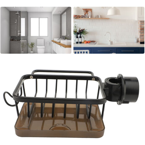 Multifunktionale Seifenschale für den Wasserhahn [Küche] [Organizer] Erhöhter Abtropfkorb, rechte Seite [Schwarz] Aluminium mit Abtropfschale [1 Stück]