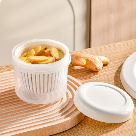 Multifunktionale, wasserdichte Aufbewahrungsbox mit Abtropfkorb [Knoblauch-Abtropfbox] [Kunststoff] [Runder, transparenter Behälter] für Zwiebeln, Ingwer, Knoblauch, Früchte und Gewürze