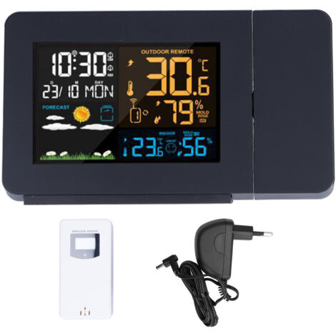 Multifunktionale Wetteruhr mit Farbbildschirmprojektion – Tragbares schwarzes Thermometer-Hygrometer – 220-V-EU-Stecker