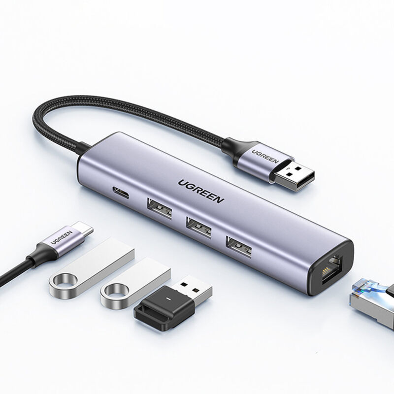 Ugreen Multifunktionaler Hub-adapter-splitter Usb 3.0 - 3x Usb Ethernet Rj-45 Usb-c Pd Grau