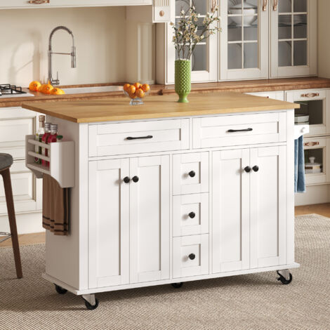 Multifunktionaler Küchenwagen Weiß 140×65×89cm, klappbar 120→65, 5 Schubladen, Schrank, Rollen