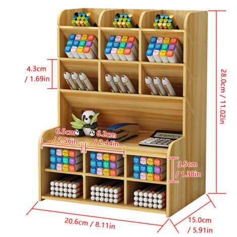 Multifunktionaler Schreibtisch-Organizer aus Holz mit 9 schrägen und 6 flachen Fächern. Ideal für Stifte, Schul- und Bürobedarf sowie für den Haushalt. Maße: 20,6 x 15 x 28 cm. Farbe: Braun.