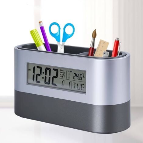 Multifunktionaler Stiftehalter mit Wecker und Schreibtisch-Organizer – elegantes graues Design