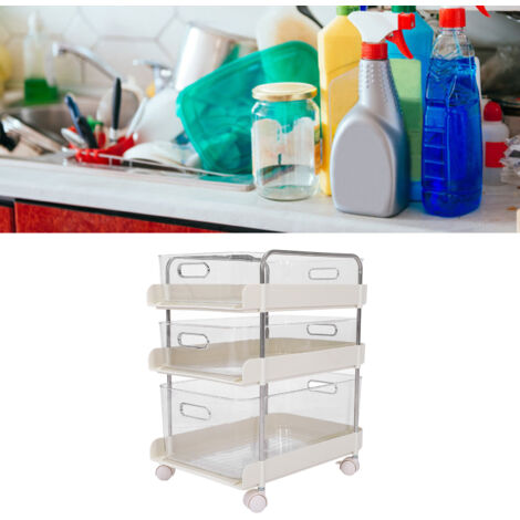 Multifunktionales Aufbewahrungsmöbel mit Rollen für Küche/Wohnzimmer/Badezimmer, 3 Ebenen mit transparenten Boxen, PP/PET/Metall, einfache Montage