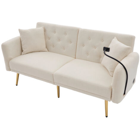 Multifunktionales Sofa-Bett für zwei Personen mit verstellbarer Rückenlehne, zwei USB-Anschlüsse, Handyhalter, Seitentasche, Metallbeinen – ein modernes Klappsofa als Sitzmöbel oder Gästebett.