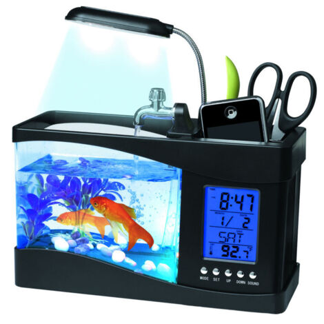 Multifunktionales USB-Mini-Aquarium mit LED-Uhr, LCD-Bildschirm und Fischaufbewahrungsbox