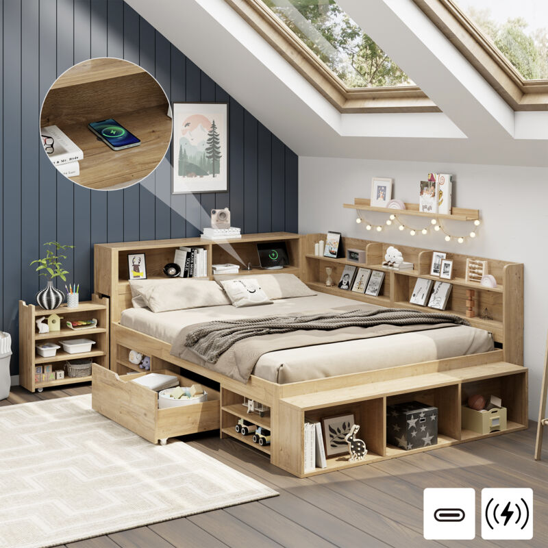 Mivray Multifunktions-kinderbett 140x200 Cm Mit Stauraum Und Nachttisch