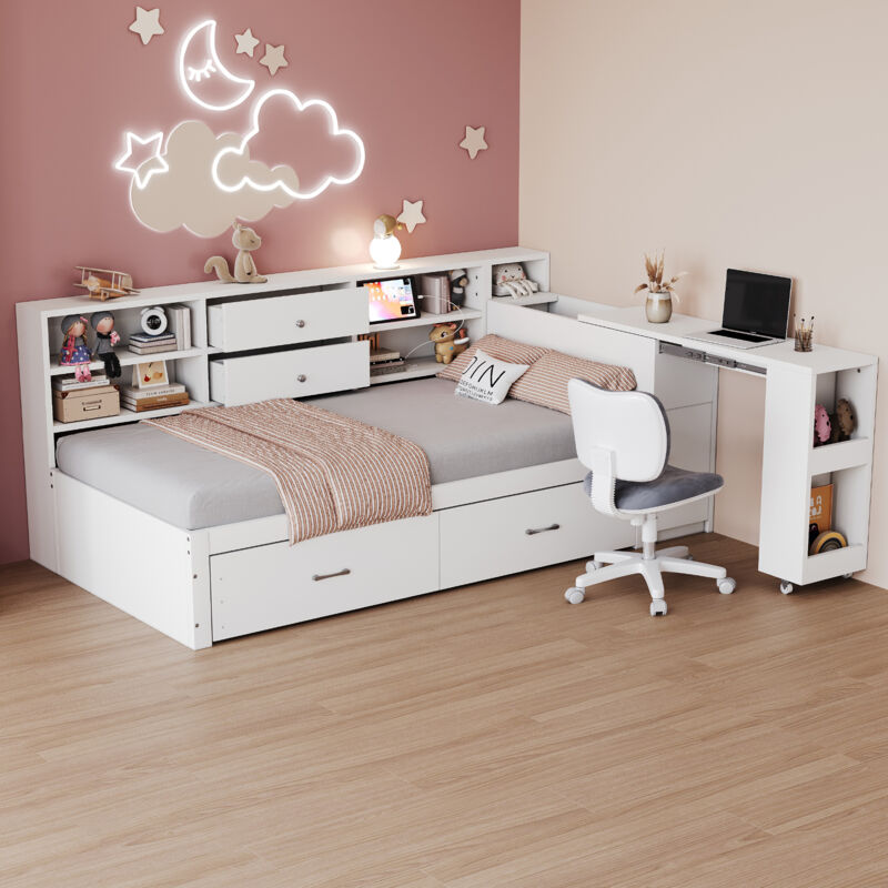 Mivray Multifunktionsbett Holz Weiß 90x200 Cm Mit Stauraum, 2 Usb-anschlüssen, Steckdose Und Ausziehbarem Schreibtisch