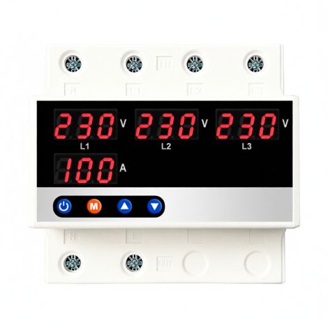 Multifunktionsschutzgerät mit automatischer Rückstellung, Schutz der Stromquelle, Spannungs- und Stromanzeige, einstellbaren Schutzwerten und Strombegrenzungszähler.