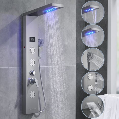 AURALUM Colonna Doccia Idromassaggio con Luci LED in 304 Acciaio Inox Spazzolato per Bagno 5 Funzioni Set de Doccia Con 3 Jets de massaggio, Soffione e Doccetta