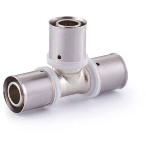 Multilayer fitting, crimp-on multilayer tee, equal multi-profile Ø20. Special joint accessories for underfloor heating pipes.