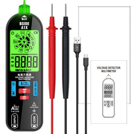 Multimètre automatique Multimètre intelligent numérique , Ampèremètre Voltmetre Rechargeable par USB avec Grand écran coloré