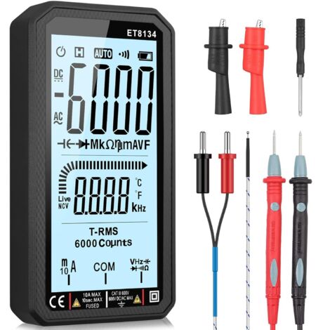 Multimètre Automatique Numérique TRMS 6000 Comptes avec Alarme Sonore/Lumineuse NCV Testeur Electrique Température Capacité Tension/Courant AC DC Résistance Fréquence Diode Continuité