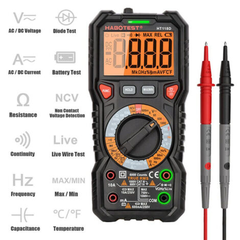 Multimètre Automatique Numérique TRMS 6000 Points (Guide de Bornes LED), Testeur Electrique Professionnel, Température Capacimètre Tension/Courant AC DC Résistance/Fréquence et Température