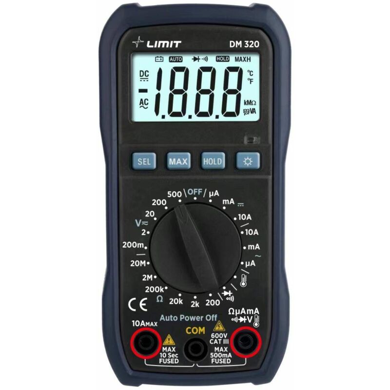Limit - Multimètre digital compact cat iii 600 v mesure courant dc/ac tension dc/ac résistance température DM320