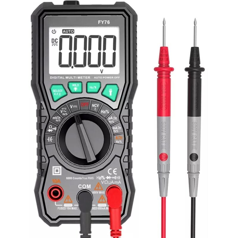 Durficst - Multimètre FY76 6000 points True rms Multimètre numérique Plage automatique Testeur de courant ac dc Voltmètre (noir)