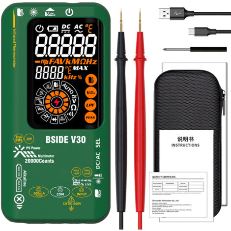 Multimètre infrarouge photovoltaïque V30, mesure de température numérique haute précision, TRMS, tension haute 1500V, écran LCD couleur 20000 compteur