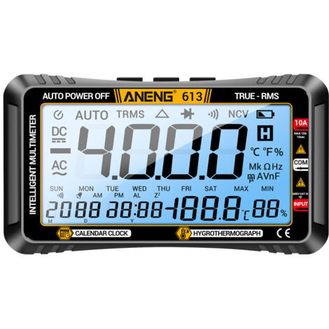 Multimètre intelligent 3 en 1 613 : calendrier perpétuel, thermomètre, hygromètre, 4 000 points, testeur numérique AC/DC de courant, tension, résistance et capacité. Outils de test professionnels.
