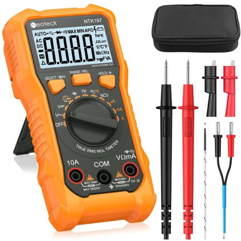 Multimètre Numérique 2000 Comptages Testeur Électrique AC DC Courant Tension Résistance Capacité NCV Fréquence Température avec Pince Crocodile (Orange, 2000 Counts / 600V 10A)