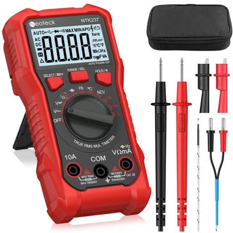 Multimètre Numérique 2000 Comptages Testeur Électrique AC DC Courant Tension Résistance Capacité NCV Fréquence Température avec Pince Crocodile (Rouge, 2000 Counts / 600V 10A)