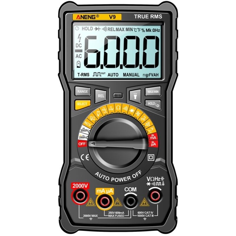 Multimètre numérique 6000 counts, test de tension jusqu'à 2000V, capacimètre, voltmètre AC/DC, ampèremètre