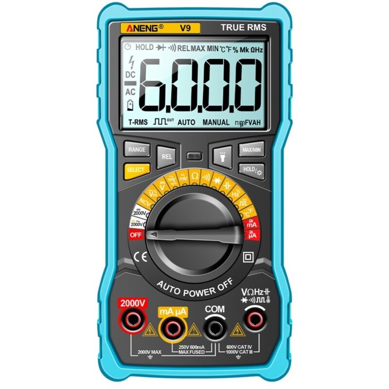 Multimètre numérique 6000 comptes, test de tension jusqu'à 2000V, capacimètre, voltmètre AC/DC, ampèremètre