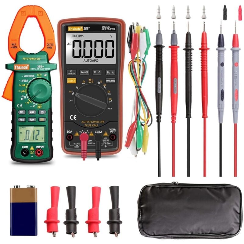 Laoa - Multimètre numérique à plage automatique et pince multimètre – avec sac de rangement, pinces crocodiles pour batterie, fils de test pour