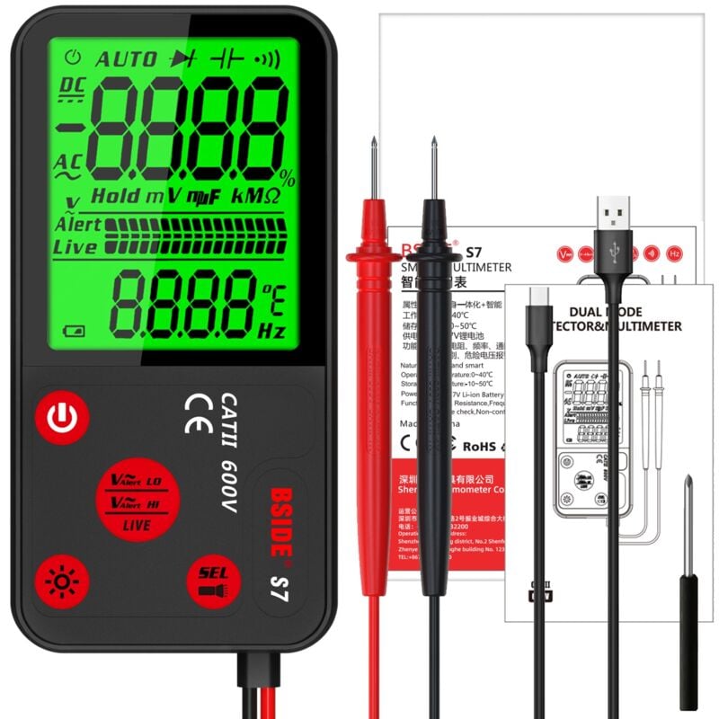 Durficst - Multimètre Numérique Automatique Rechargeable Grand Écran Voltmètre Intelligent Ultra Fin avec ncv Testeur de Tension cc ca Continuité