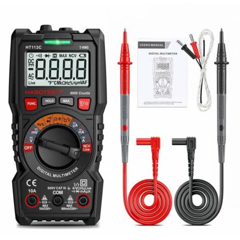 Multimètre numérique, écran LCD complet, tests multifonctions incluant stabilité, continuité, capacité, fréquence et test de diode, tension d'alimentation et NCV