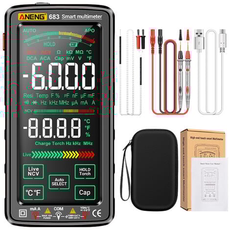 Multimètre numérique, grand écran tactile, 6000 points, compteur universel rechargeable intelligent anti-brûlure VA testeur NCV à affichage inversé, Noir