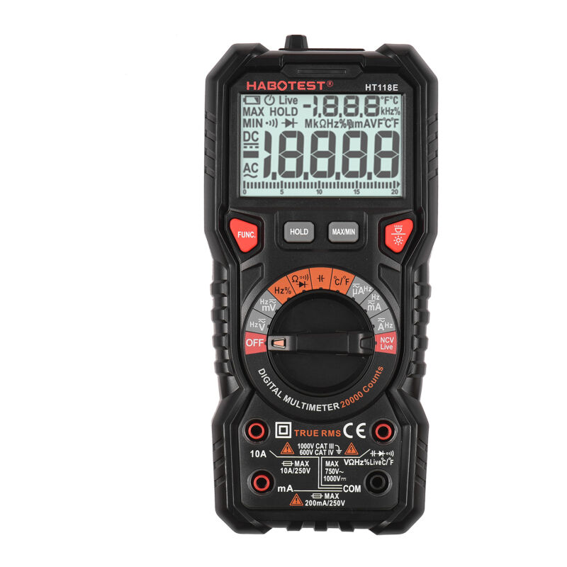 Lifcausal - Multimètre numérique HT118E Multimètre à plage automatique 20 000 points Mesure de la valeur efficace vraie Tension et courant ca/cc