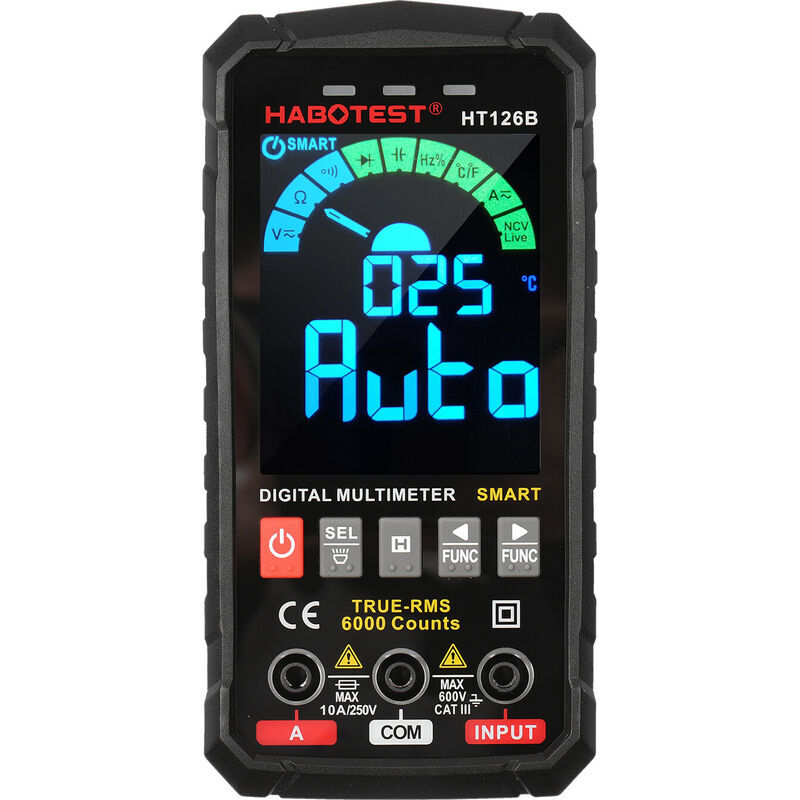 Multimètre numérique intelligent 6000 points True RMS Écran couleur VA Testeur électrique Voltmètre Ampèremètre Mesure de température Multifonction