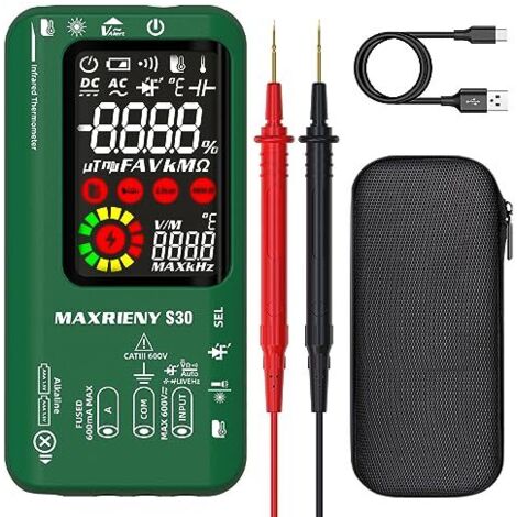 Multimètre Numérique Intelligent 9999 Comptes avec Thermomètre IR Testeur Diode LED 15V Mesure Tension Courant Résistance Continuité Capacité à Grande Vitesse Détecteur de Phase Rechargeable Noir et