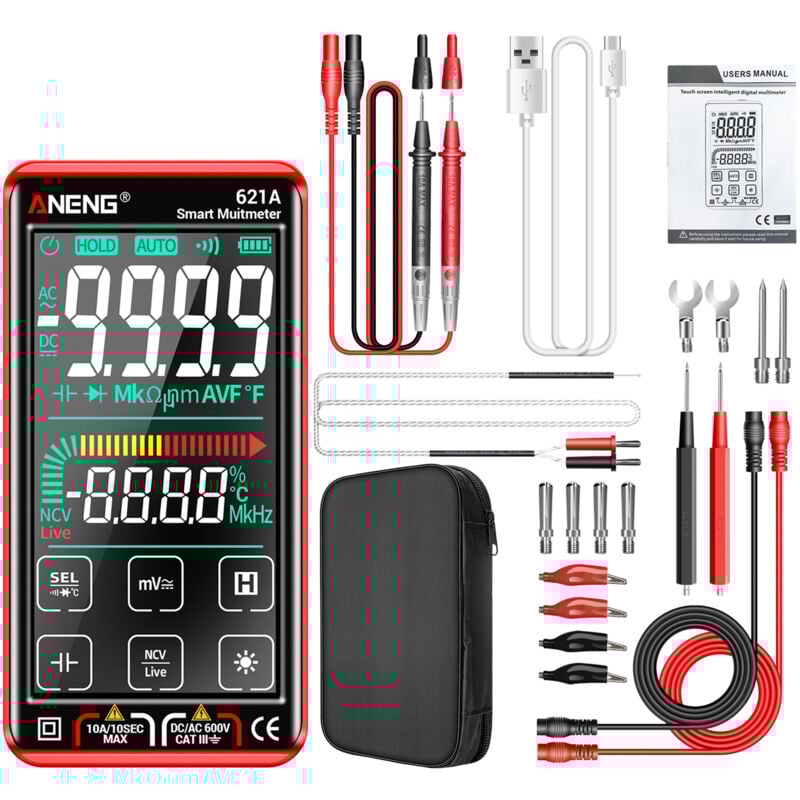 Lifcausal - Multimètre numérique intelligent à écran tactile 621A 9999 points Plage automatique Rechargeable Portable ncv Compteur universel