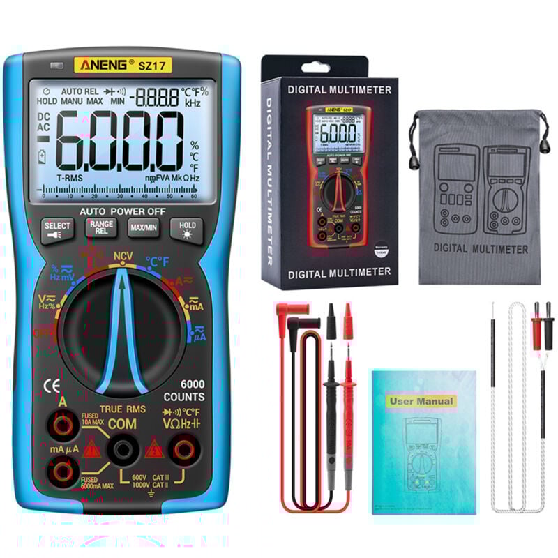 Lifcausal - Multimètre numérique intelligent SZ17 6000 points True rms Testeur électrique à rétroéclairage lcd à plage automatique Voltmètre