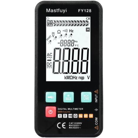 Multimètre numérique intelligent compact, 5999 counts, écran LCD rétroéclairé, mesure tension AC/DC, résistance, fréquence, continuité, support