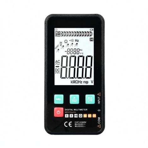 Multimètre numérique intelligent compact avec support, 5999 counts, écran LCD rétroéclairé, mesure tension AC/DC, résistance, fréquence, continuité