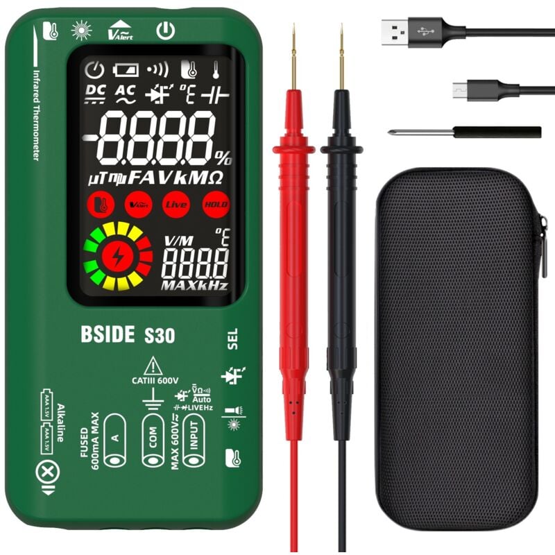 Durficst - Multimètre Numérique Intelligent Testeur Électrique à Double Alimentation avec Thermomètre ir 9999 Comptes Testeur de Diode led